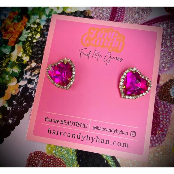 Feed Me Gems Signature Heart Stud Earrings Clear AB, Pink, OR Volcano NWT - Picture 8 of 13